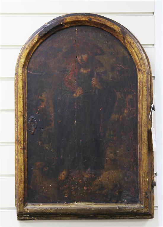 An 18th / 19th century continental arched panelled door, 25 x 16.5in.